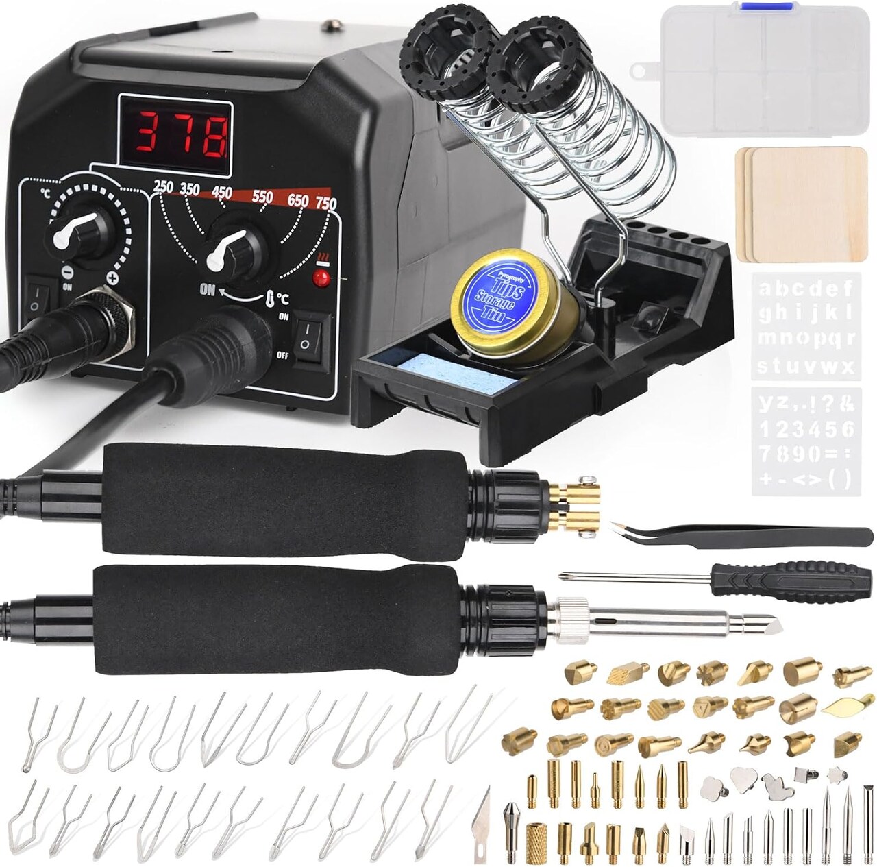 -IN-1 Wood Burning Kit Pyrography Wood Burner Includes 51 Solid Points, 20 Wire Nibs, 2 Letter Number Stencils, 3 Unfinished Wood Pieces, Pen Holder & Burning Tool for Pyrography